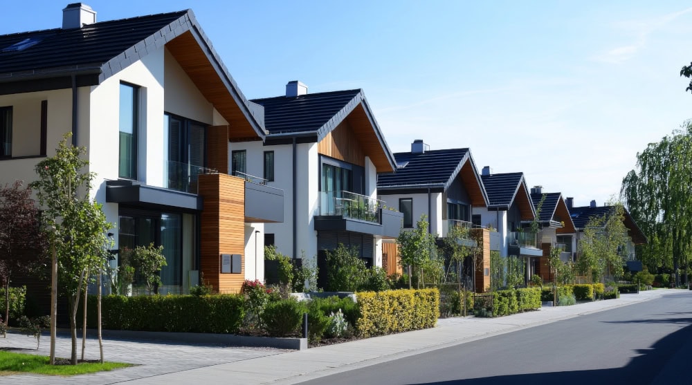 A modern twin house community with a row of homes showcasing clean lines contemporary design and matching facades